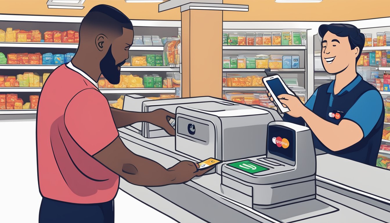 A customer holding a phone with the Apple Pay logo, while a cashier at Winn Dixie tries to process the transaction