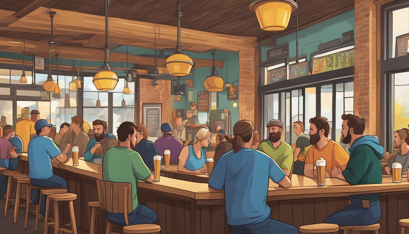 A bustling local craft brewery scene, with colorful tap handles and patrons enjoying pints at wooden tables