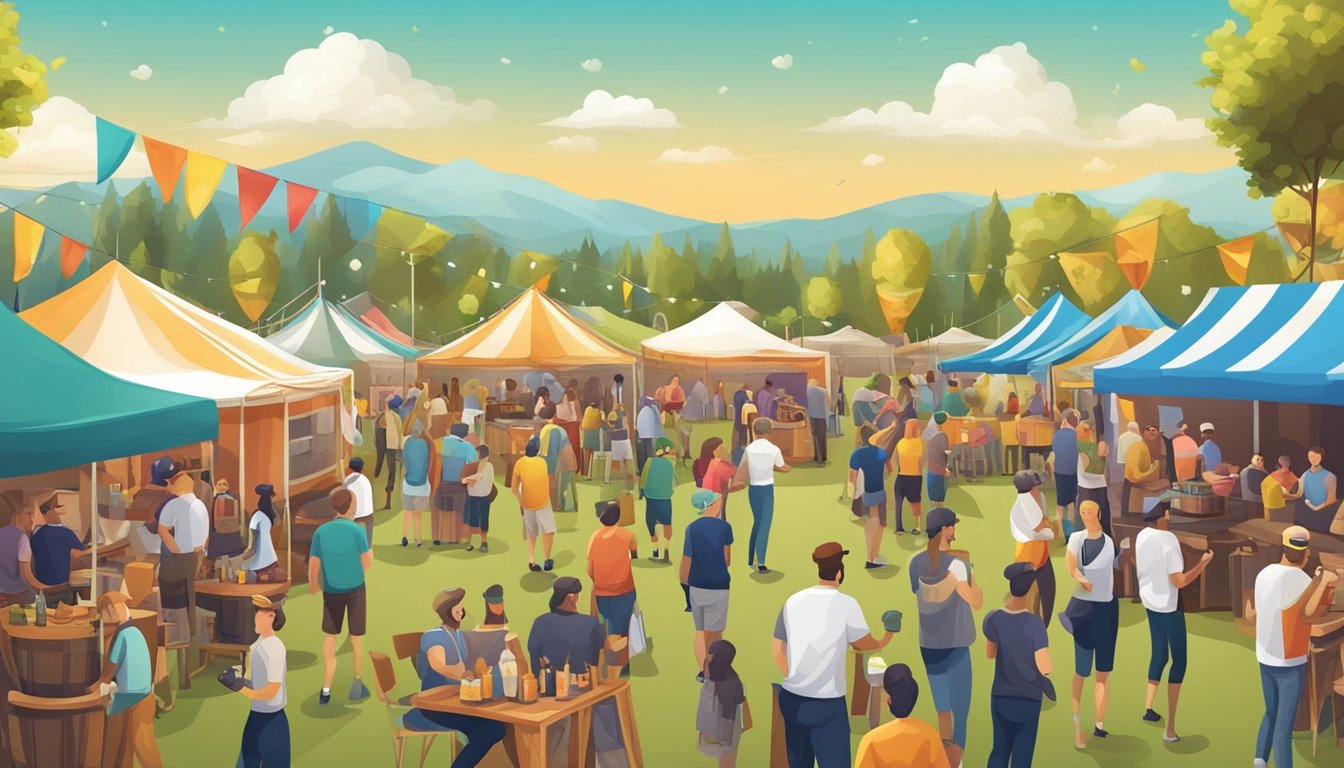 An outdoor craft beer festival with a variety of breweries, colorful banners, and lively music in the background