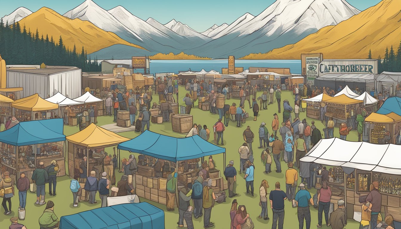 A bustling craft beer festival in Anchorage, Alaska, with a variety of local breweries showcasing their unique and flavorful brews