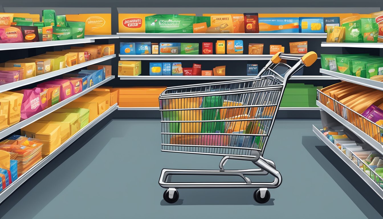 A shopping cart filled with items sits in front of a Walmart store, with various payment methods such as credit cards, debit cards, and cash displayed next to it