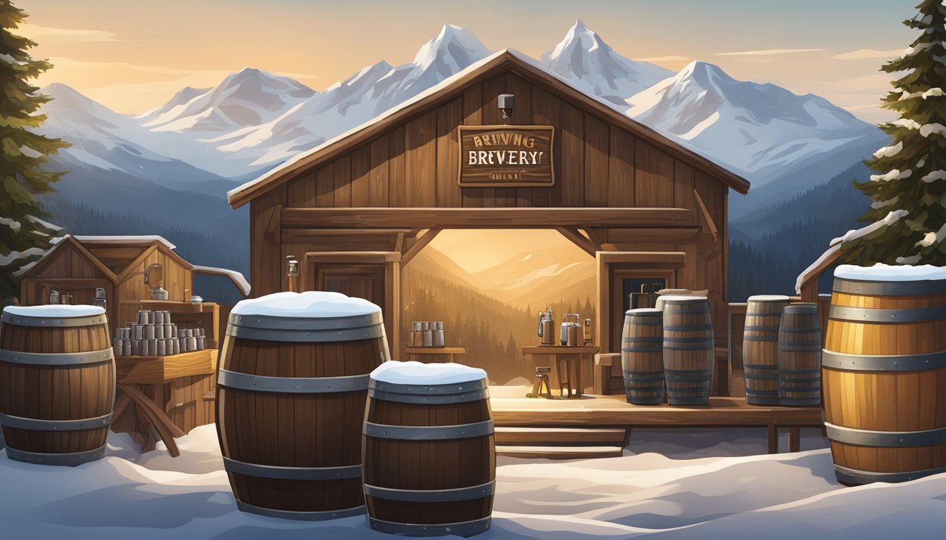 A rustic brewery with a backdrop of snow-capped mountains, featuring barrels, brewing equipment, and a variety of beer taps