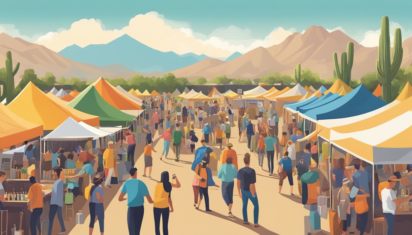 A bustling craft beer festival in Phoenix, AZ, with colorful tents, beer taps, and enthusiastic patrons sampling local brews