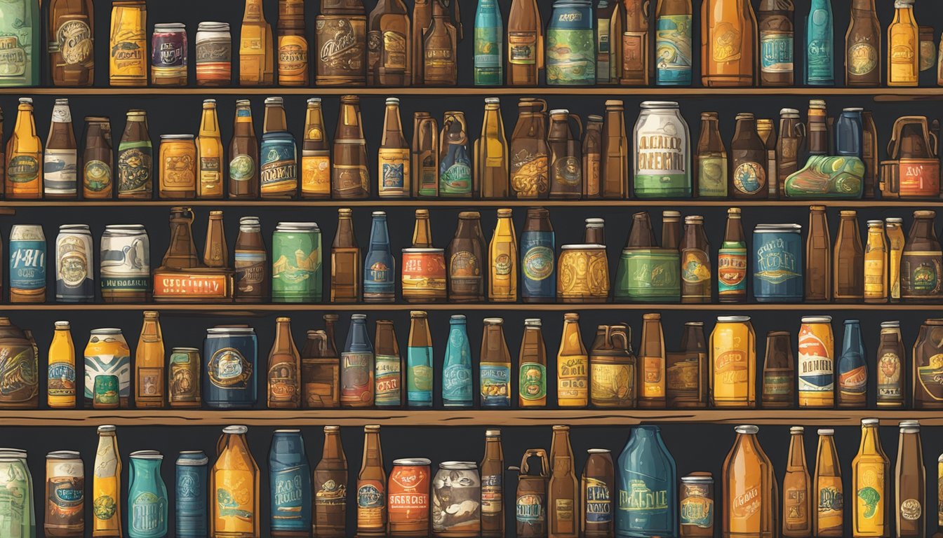 A colorful array of local craft beer bottles and cans displayed on a wooden bar counter in a dimly lit Anchorage brewery