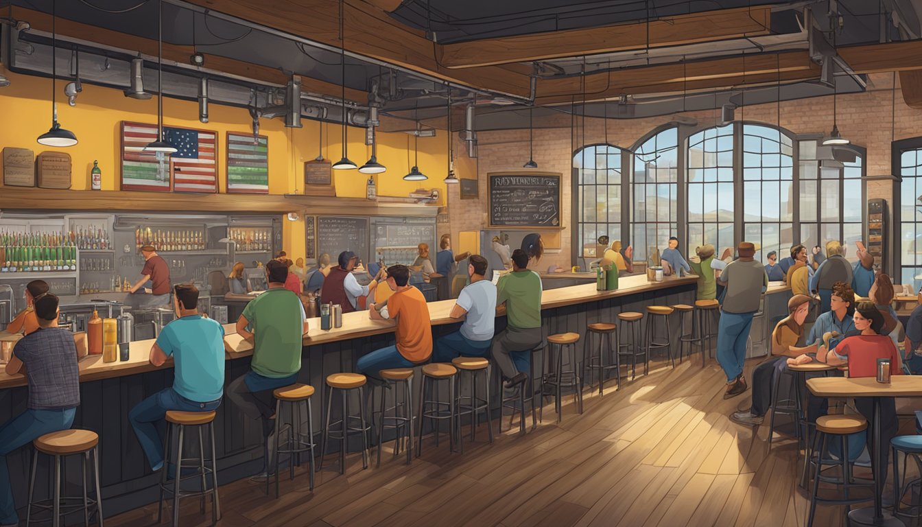 A bustling taproom with industrial decor, patrons enjoying local craft beers, colorful chalkboard menus, and large stainless steel brewing tanks