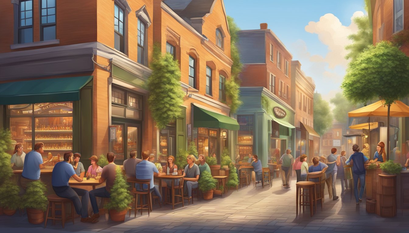 A bustling brewery district with colorful storefronts and outdoor seating, surrounded by a lively atmosphere and the aroma of hops and malt