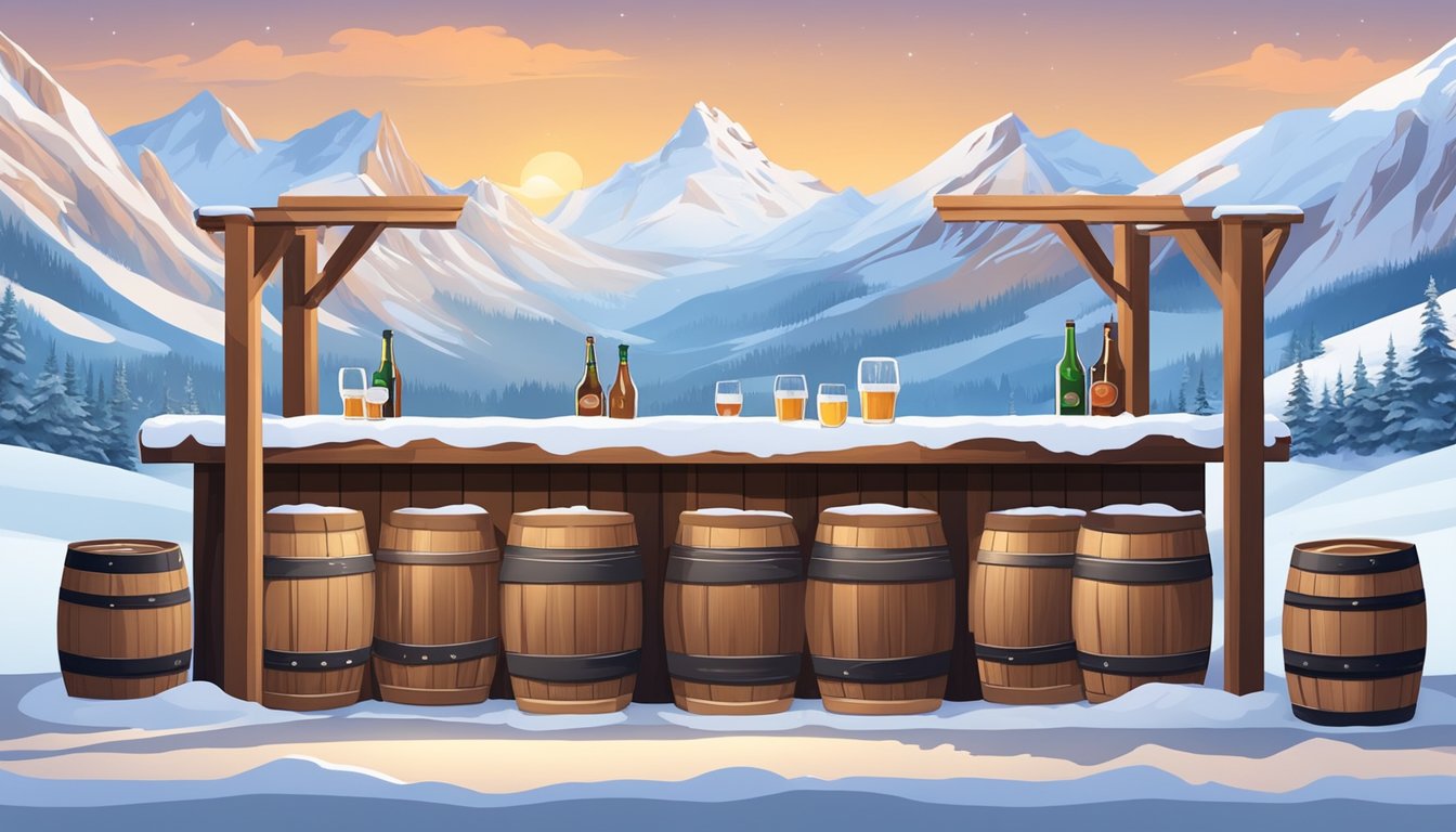 A cozy taproom with wooden barrels and chalkboard menus, surrounded by snow-capped mountains and a clear blue sky