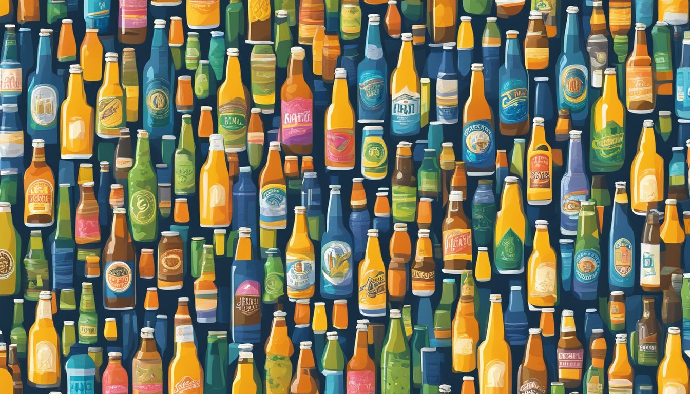 A colorful array of local craft beer bottles and cans displayed at a lively Anchorage festival