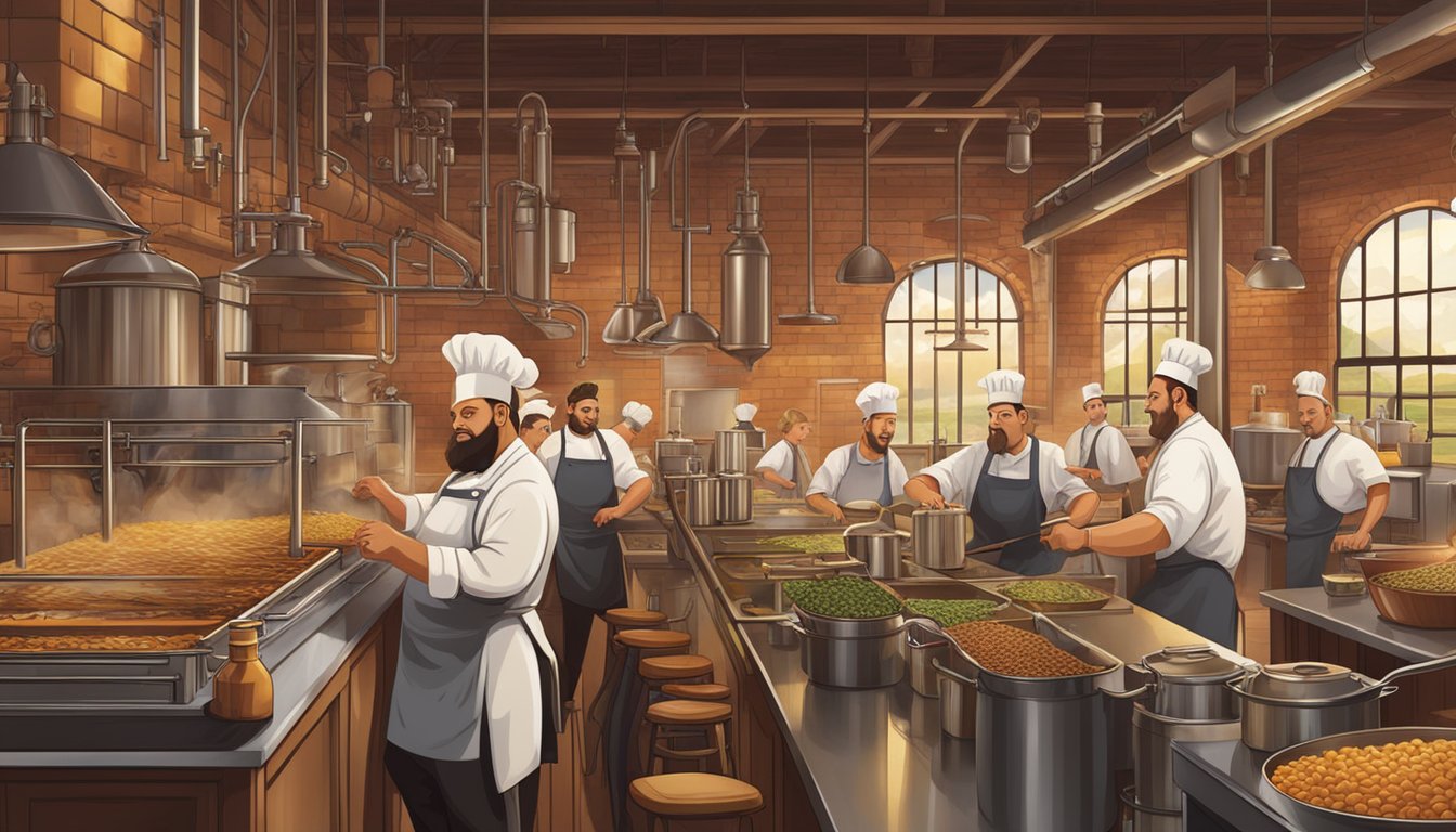 A bustling brewery scene with chefs cooking up gourmet dishes to pair with craft beers. The aroma of sizzling food mingles with the rich scent of hops and barley