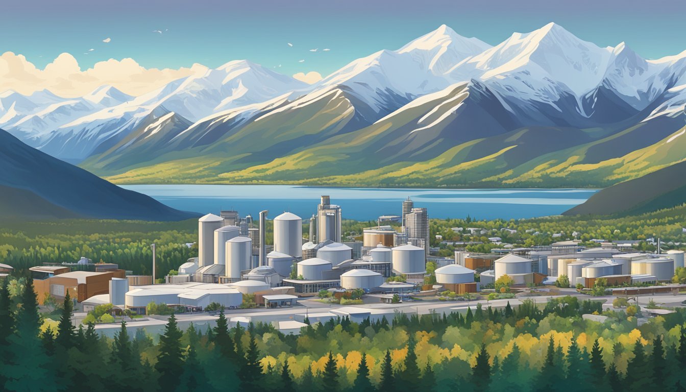 A scenic view of Anchorage, AK with a picturesque brewery nestled among snow-capped mountains and surrounded by lush greenery