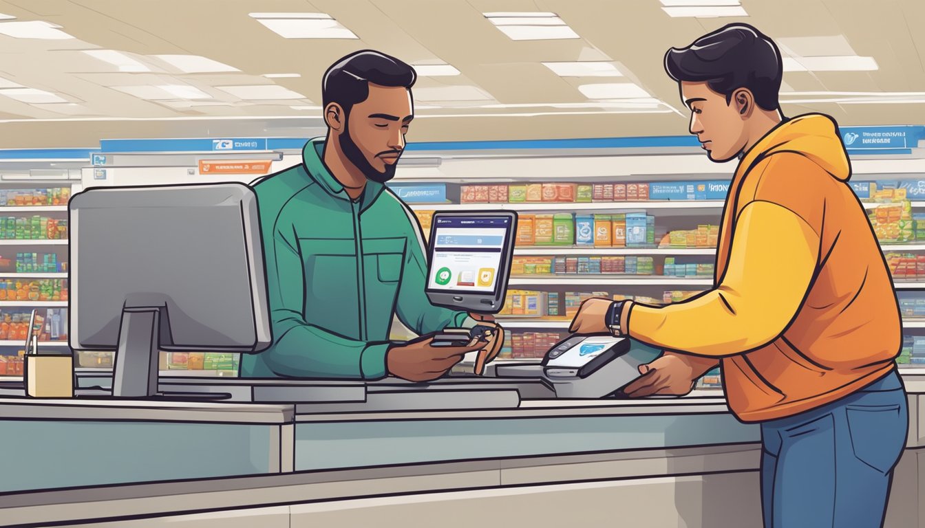 A customer at a Walmart checkout attempts to pay with an Apple device while a support representative troubleshoots the transaction