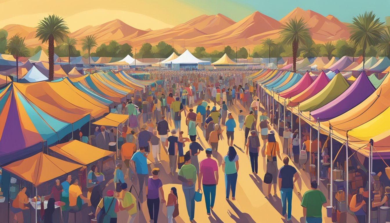 A bustling beer festival in Phoenix, AZ with rows of colorful tents, happy patrons, and live music