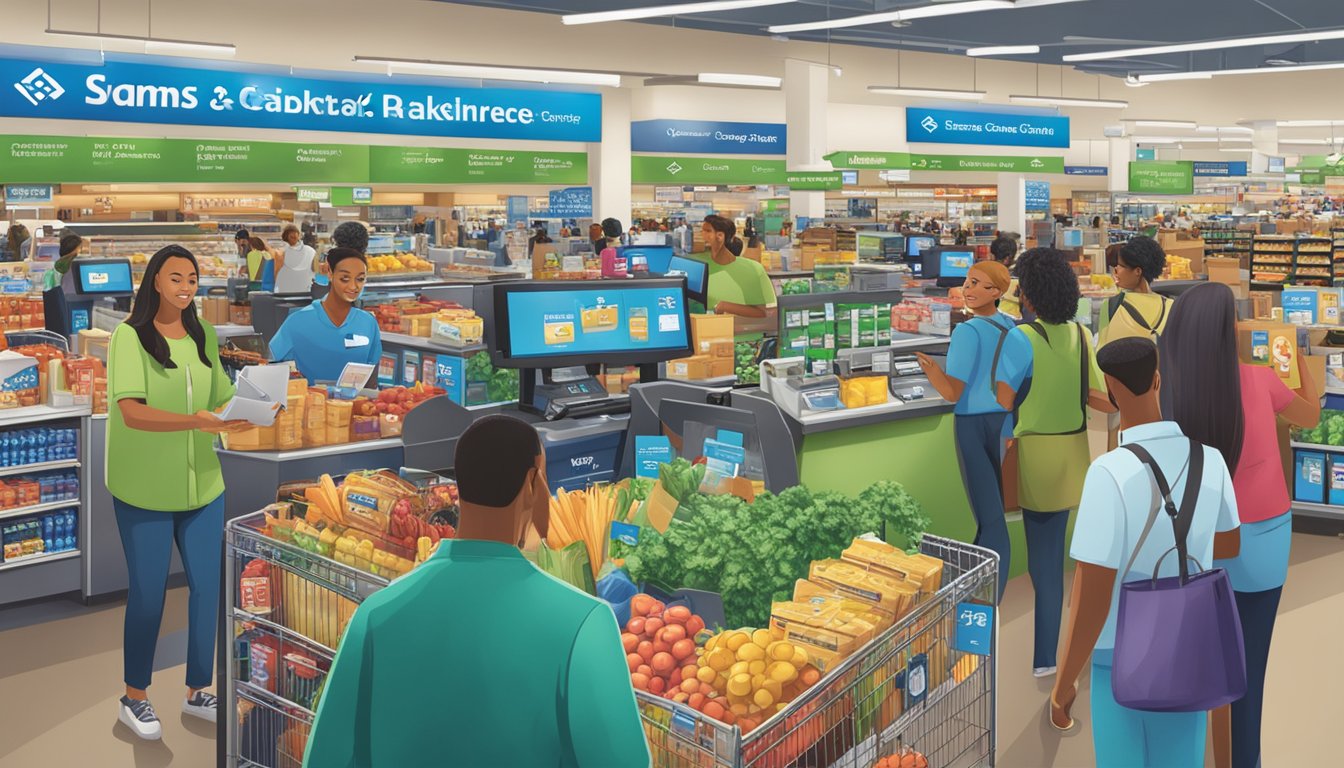 A bustling Sams Club store with shoppers using their membership cards at checkout, surrounded by signs promoting cashback and savings