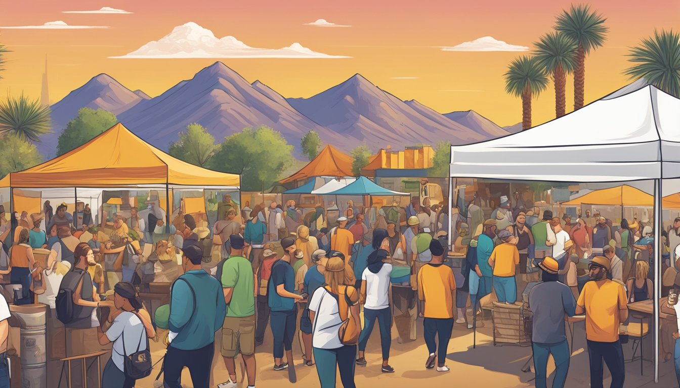 A bustling craft beer festival in Phoenix, Arizona, with local breweries showcasing their unique offerings and community members engaging in lively conversations