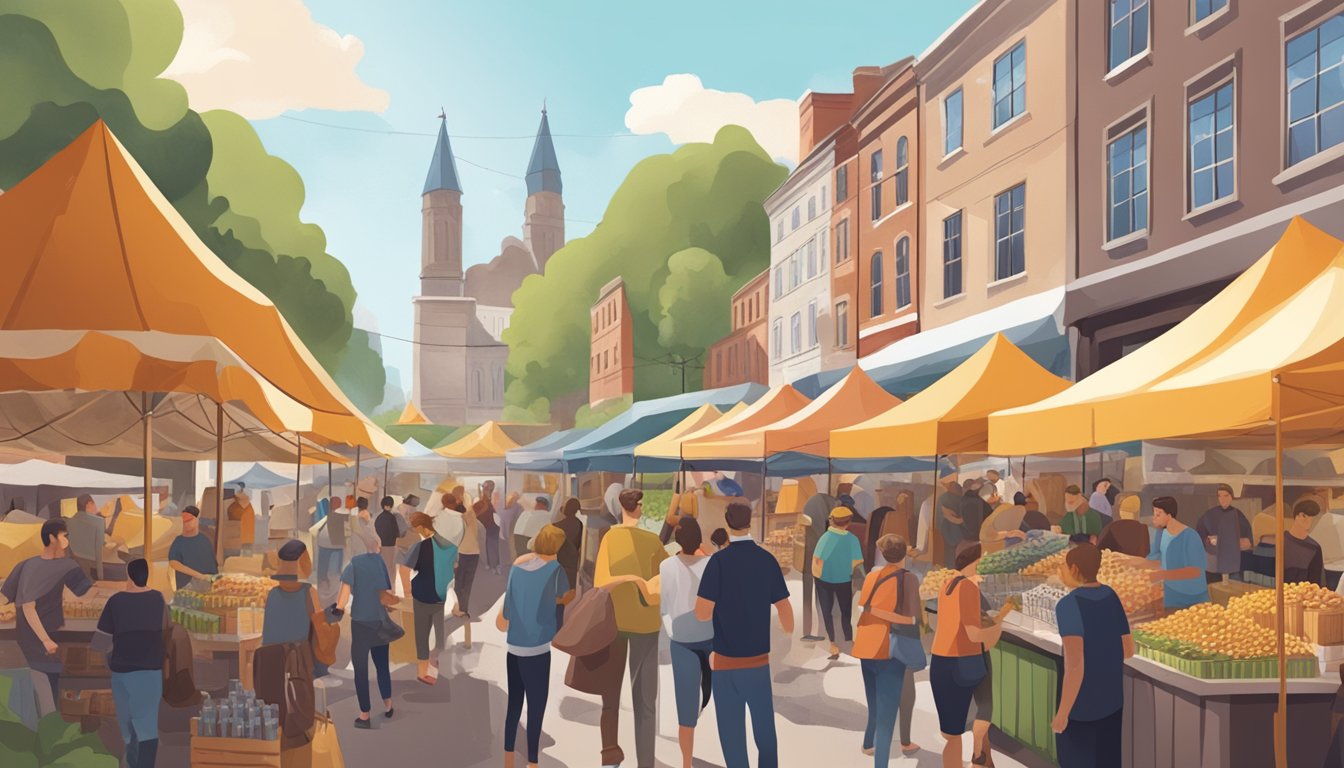 A bustling outdoor market with colorful tents and people sampling various craft beers from local breweries