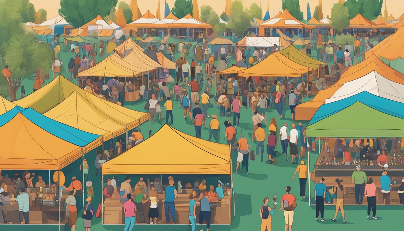 A bustling craft beer festival in Phoenix, AZ, with rows of colorful tents, people sampling beer, and live music filling the air