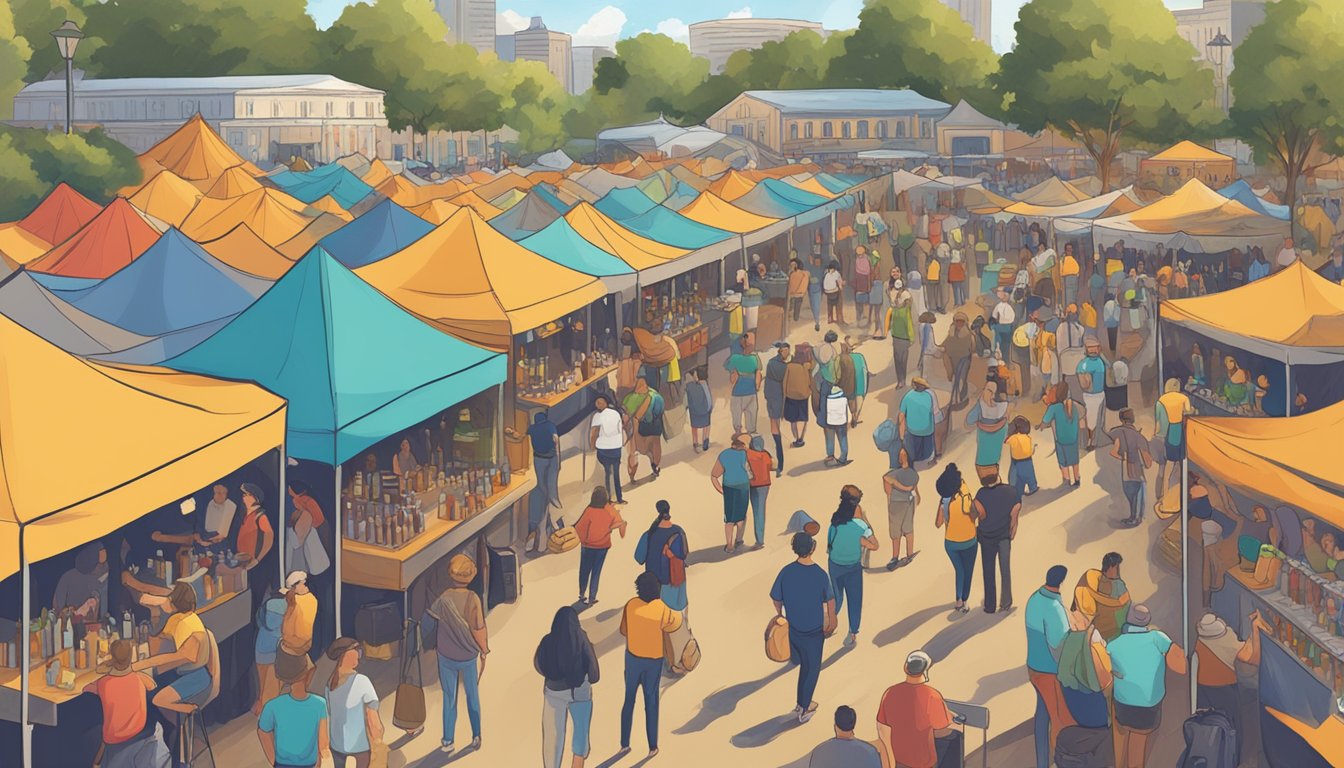 A bustling craft beer festival in Mobile, AL, with rows of colorful tents, people chatting and sampling brews, and a live band playing in the background