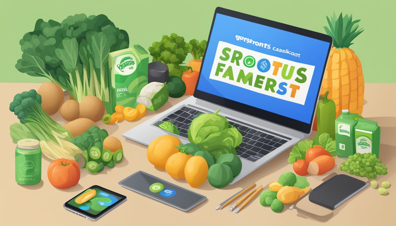 A computer screen displaying the Sprouts Farmers Market logo surrounded by various groceries and a cashback offer, with the Instacart logo in the corner