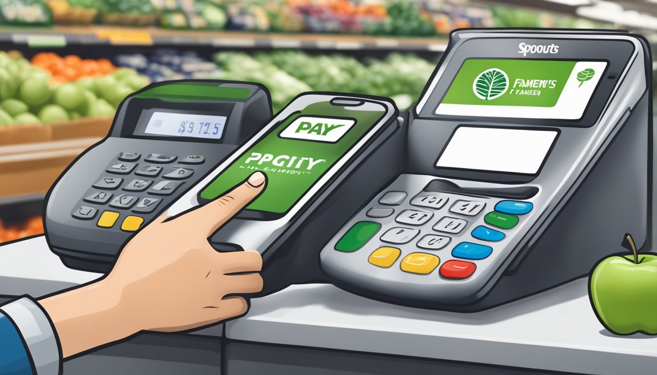 A customer holds an iPhone near the payment terminal at Sprouts Farmers Market, with the Apple Pay logo displayed on the screen