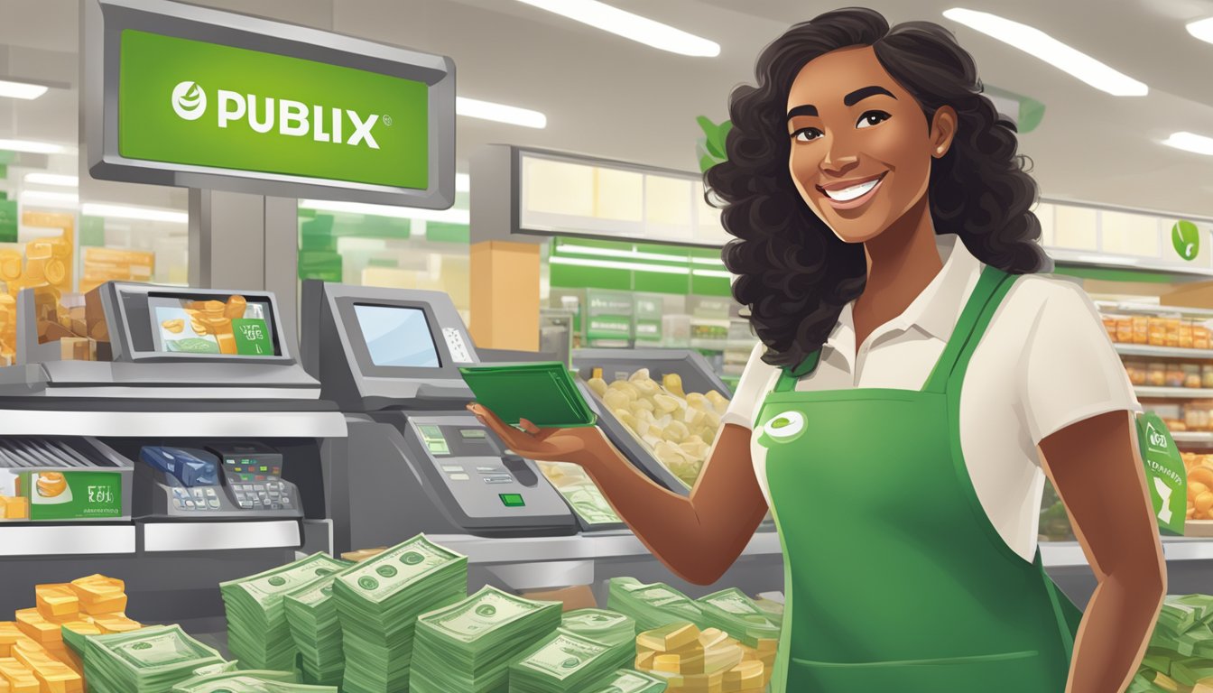 A customer at Publix receives cash back at the register, smiling as they maximize their savings effortlessly