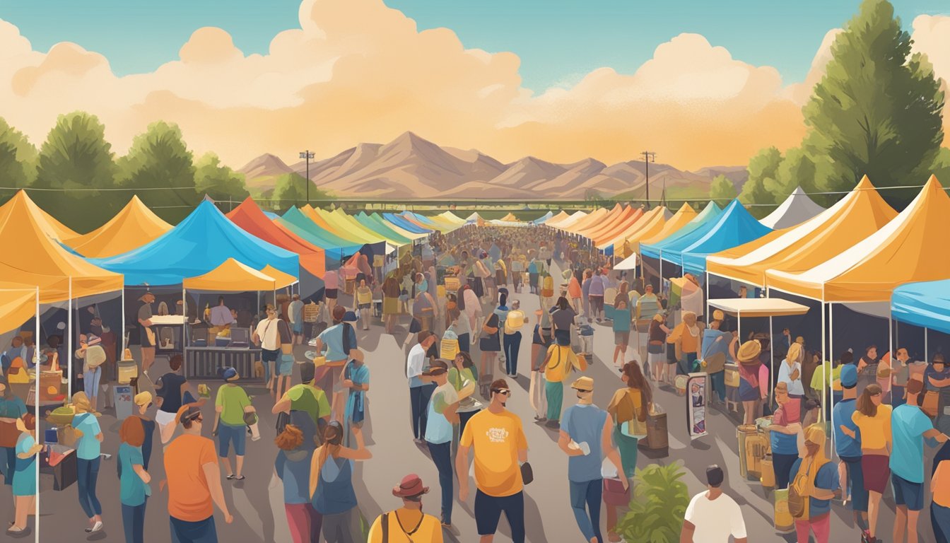 A bustling craft beer festival in Tempe, Arizona, with rows of colorful tents, people sampling beer, and live music in the background