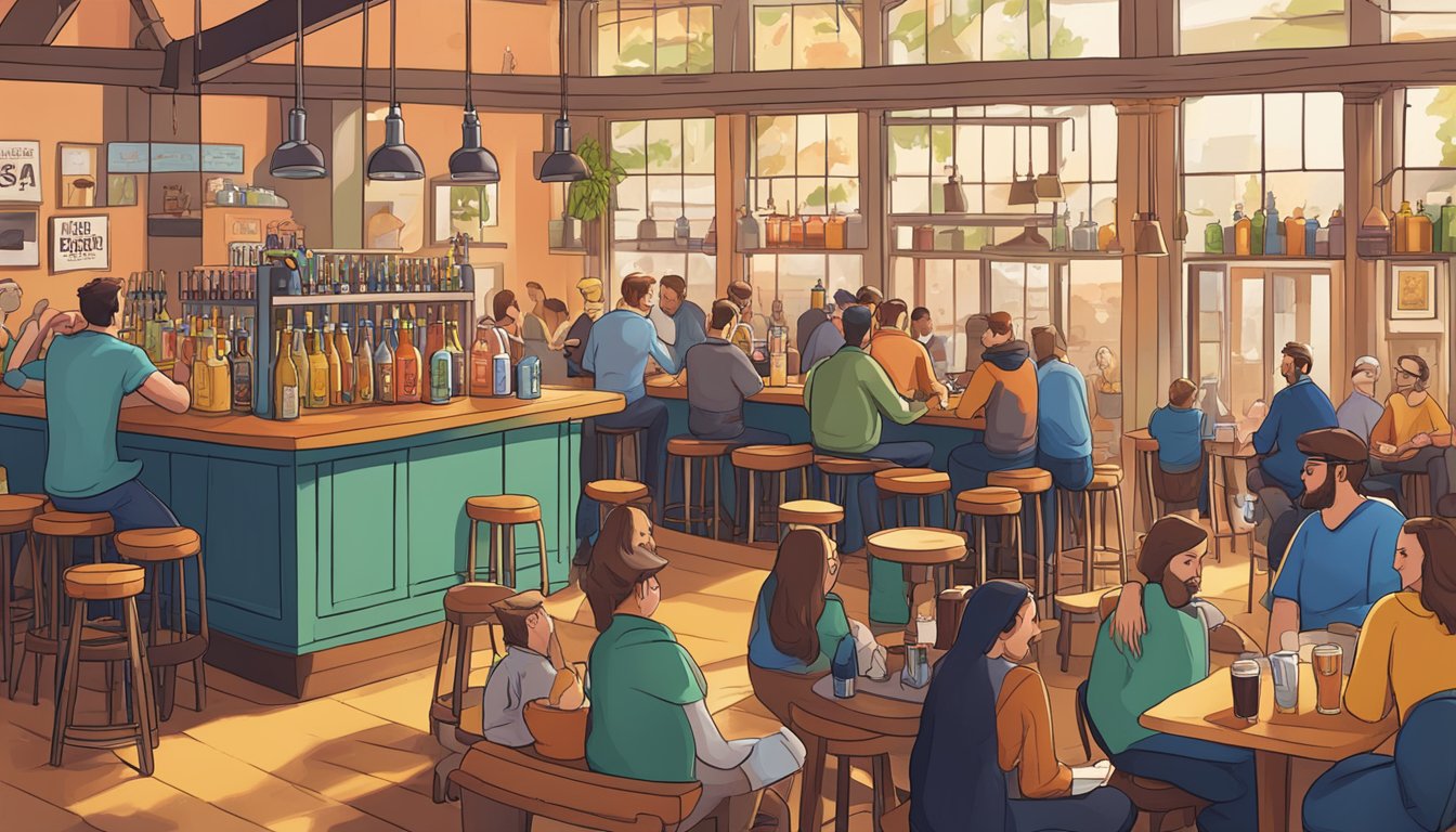 A bustling craft beer hub with colorful taps, cozy seating, and lively chatter