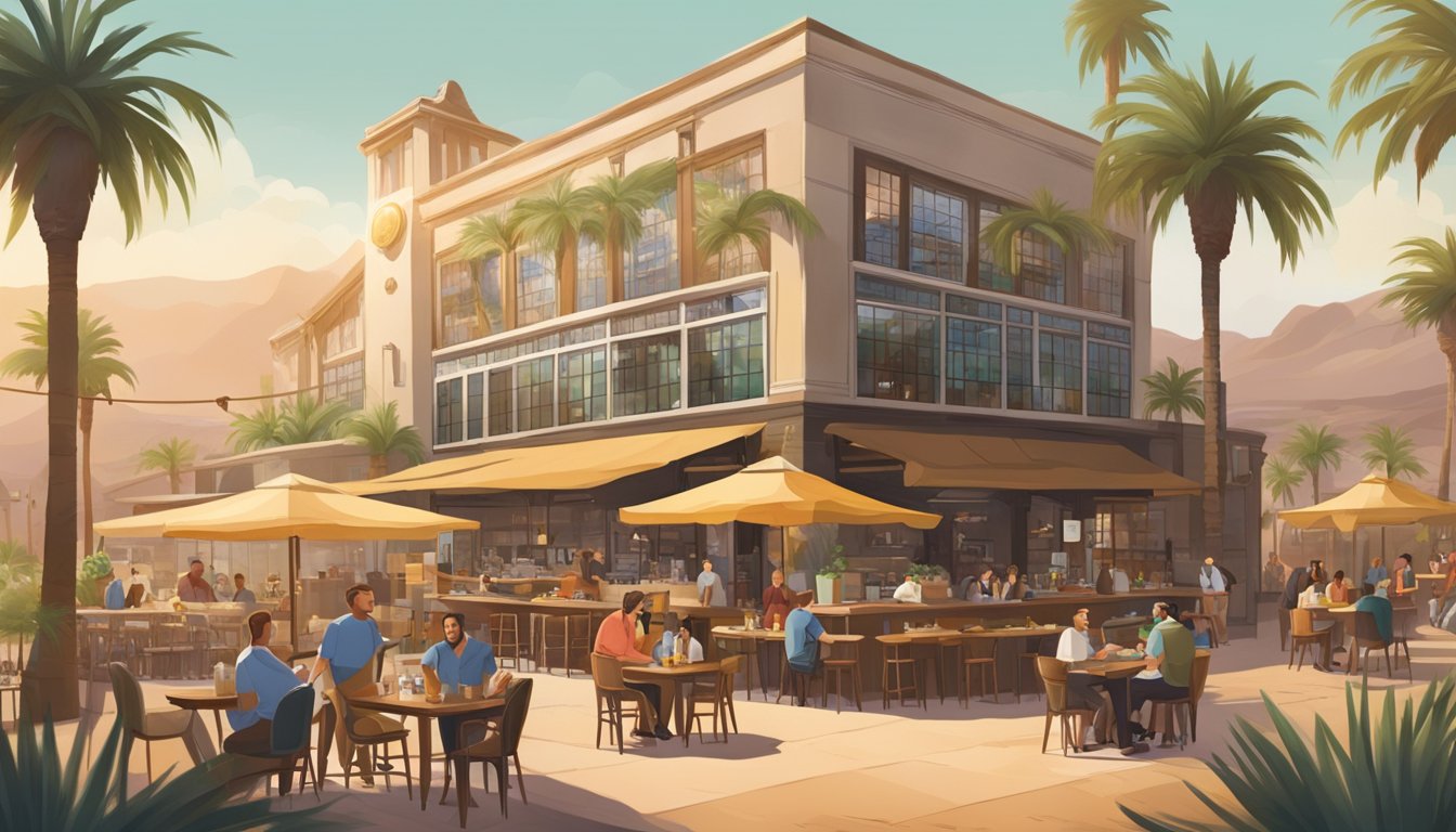 A bustling brewery scene with diverse architecture and outdoor seating, surrounded by desert landscape and palm trees