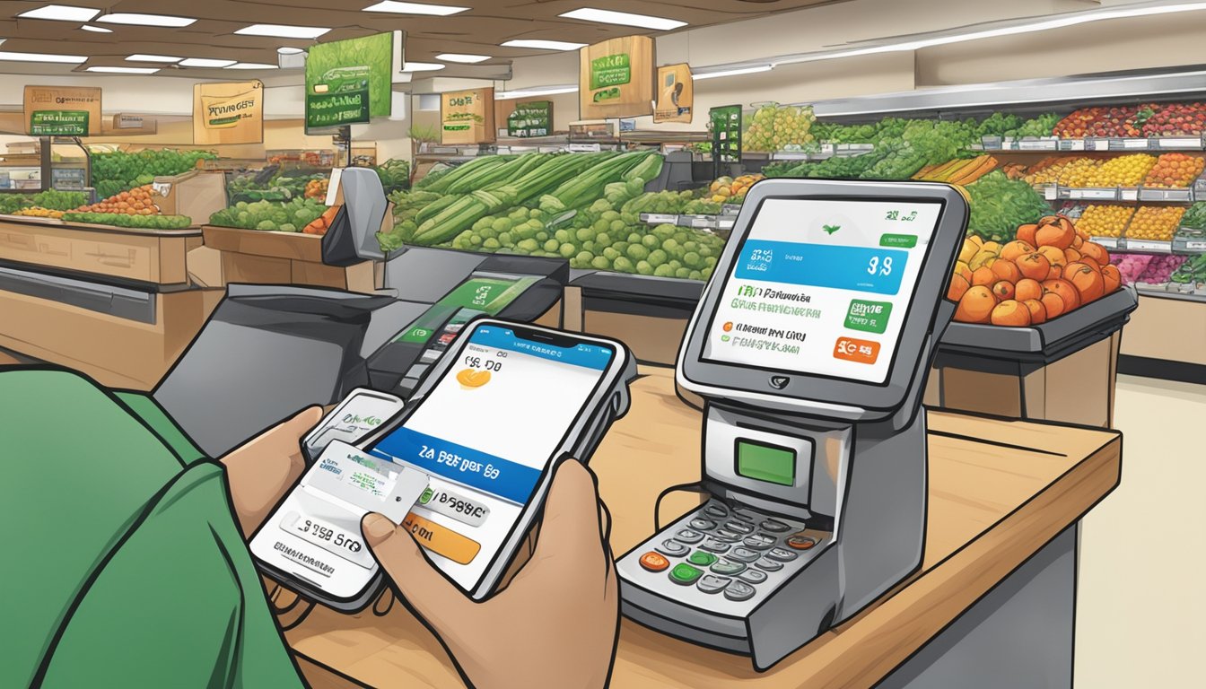 A customer at Sprouts Farmers Market taps their phone to pay at the checkout using Apple Pay, while a sign nearby promotes additional payment and savings opportunities