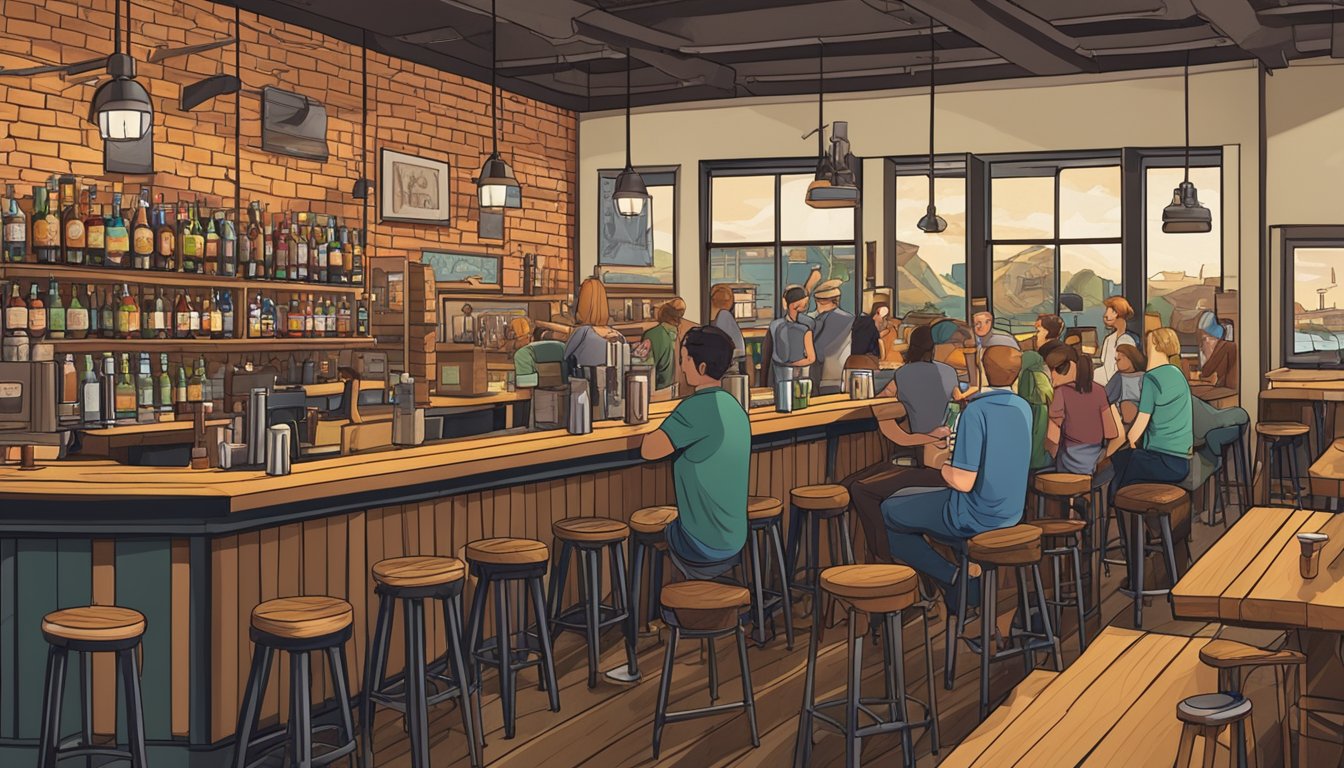 A bustling taproom with a variety of craft beer taps, wooden bar stools, and cozy seating areas. The walls are adorned with local artwork and the space is filled with the sound of lively conversation