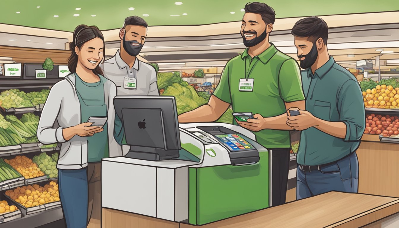 Customers at Sprouts Farmers Market use Apple Pay at the checkout counter. The cashier scans products while a customer holds their phone to the payment terminal