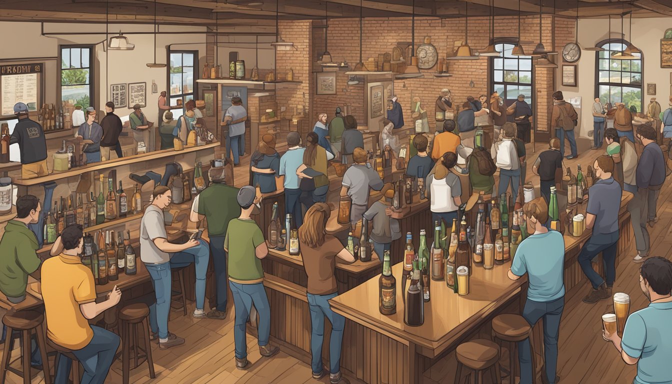 A bustling taproom with various craft beer styles on display, including IPA, stout, and lager, with patrons sampling and socializing