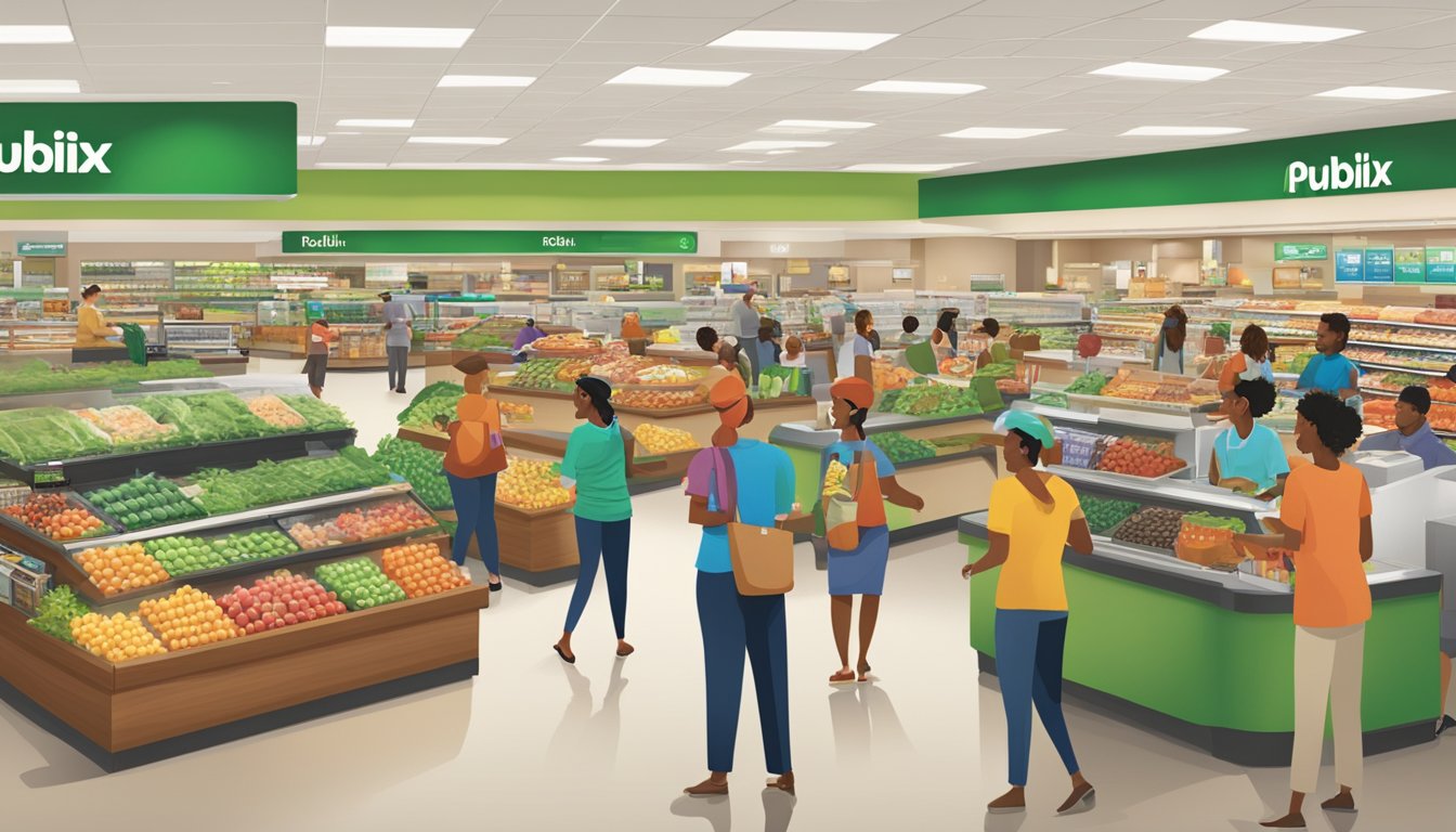 A bustling Publix store with customers using the cashback feature to maximize their savings effortlessly. Vibrant signage highlights the regional presence of the grocery chain