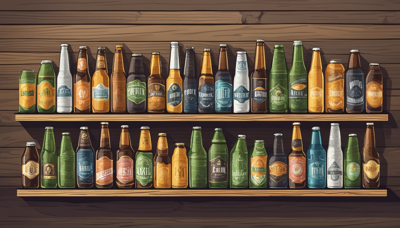 A colorful array of unique craft beer bottles and cans displayed on a rustic wooden shelf with seasonal and limited releases highlighted