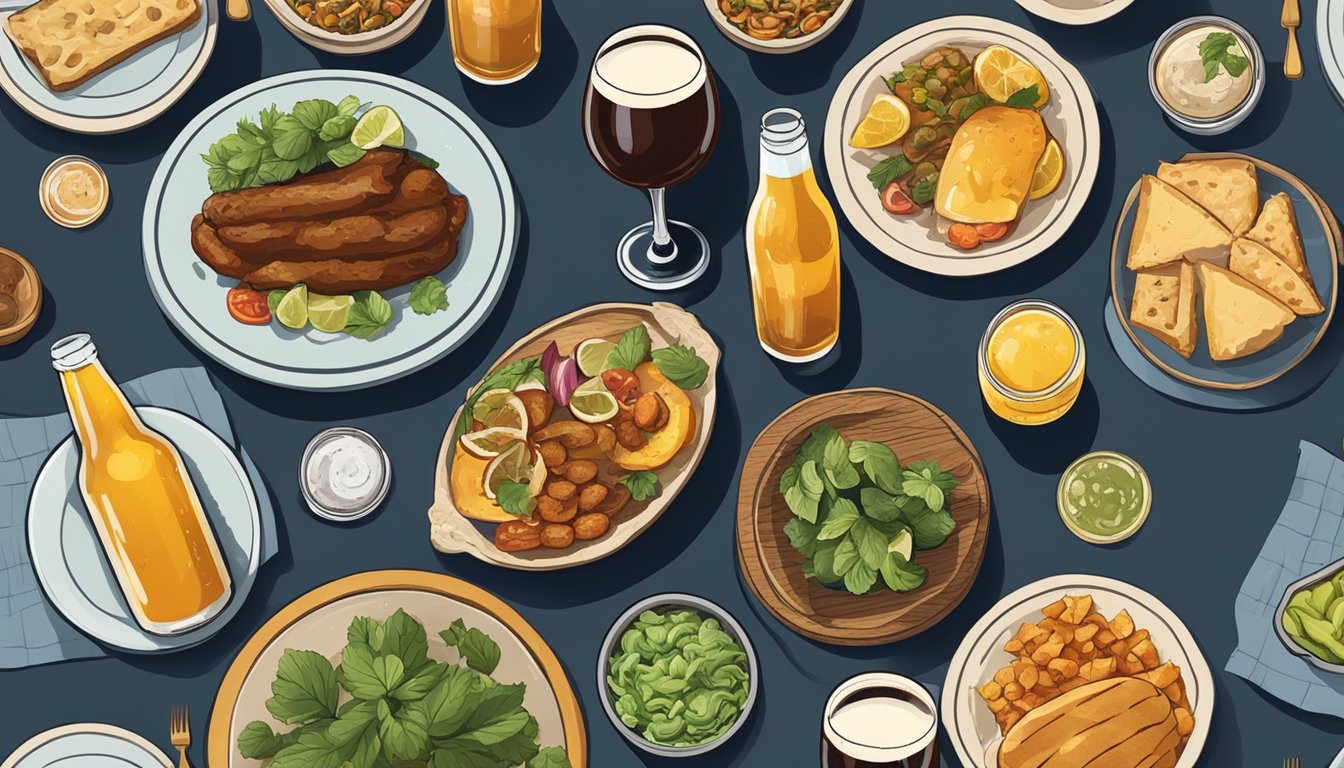 A table set with various local craft beers and plates of regional cuisine, creating a colorful and inviting scene for a beer and food pairing event in Montgomery, AL