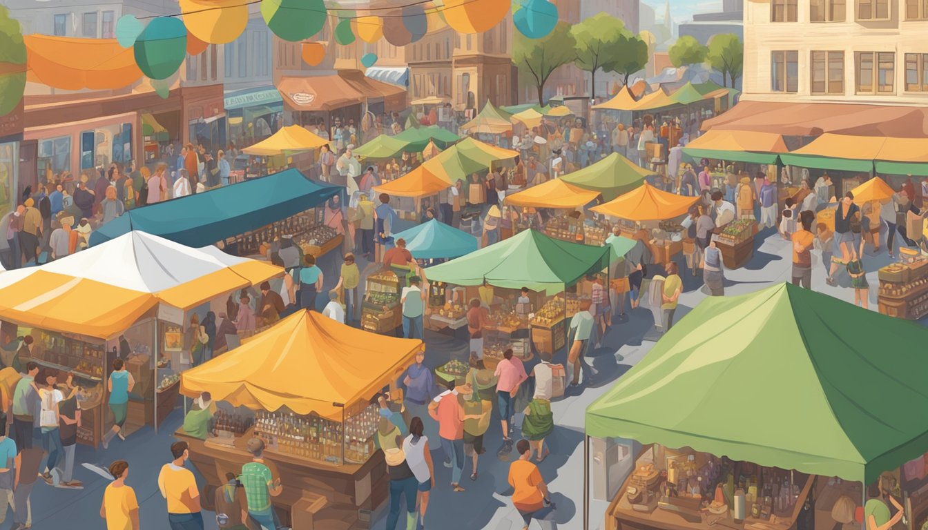 A bustling street festival featuring a variety of local craft breweries, with colorful tents and lively crowds sampling different beers