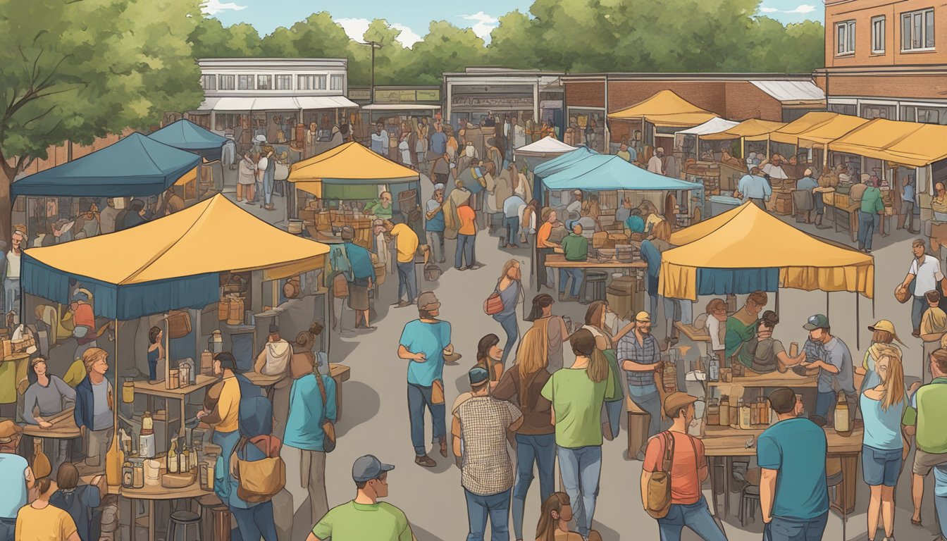 A bustling craft beer event in Montgomery, AL, with vendors, live music, and a lively community enjoying local brews