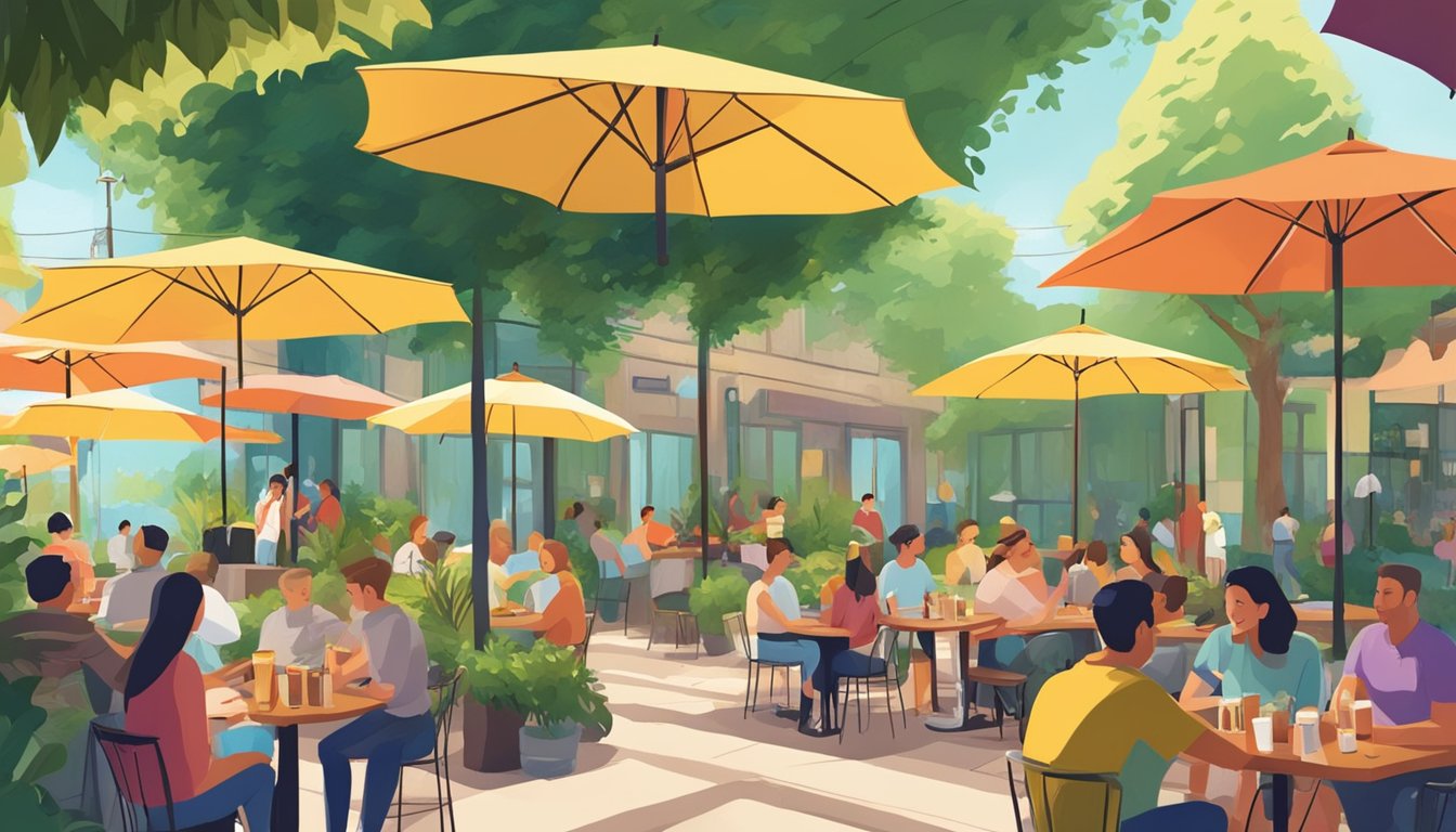 A sunny outdoor patio with colorful umbrellas, surrounded by lush greenery and filled with happy patrons enjoying local craft beer