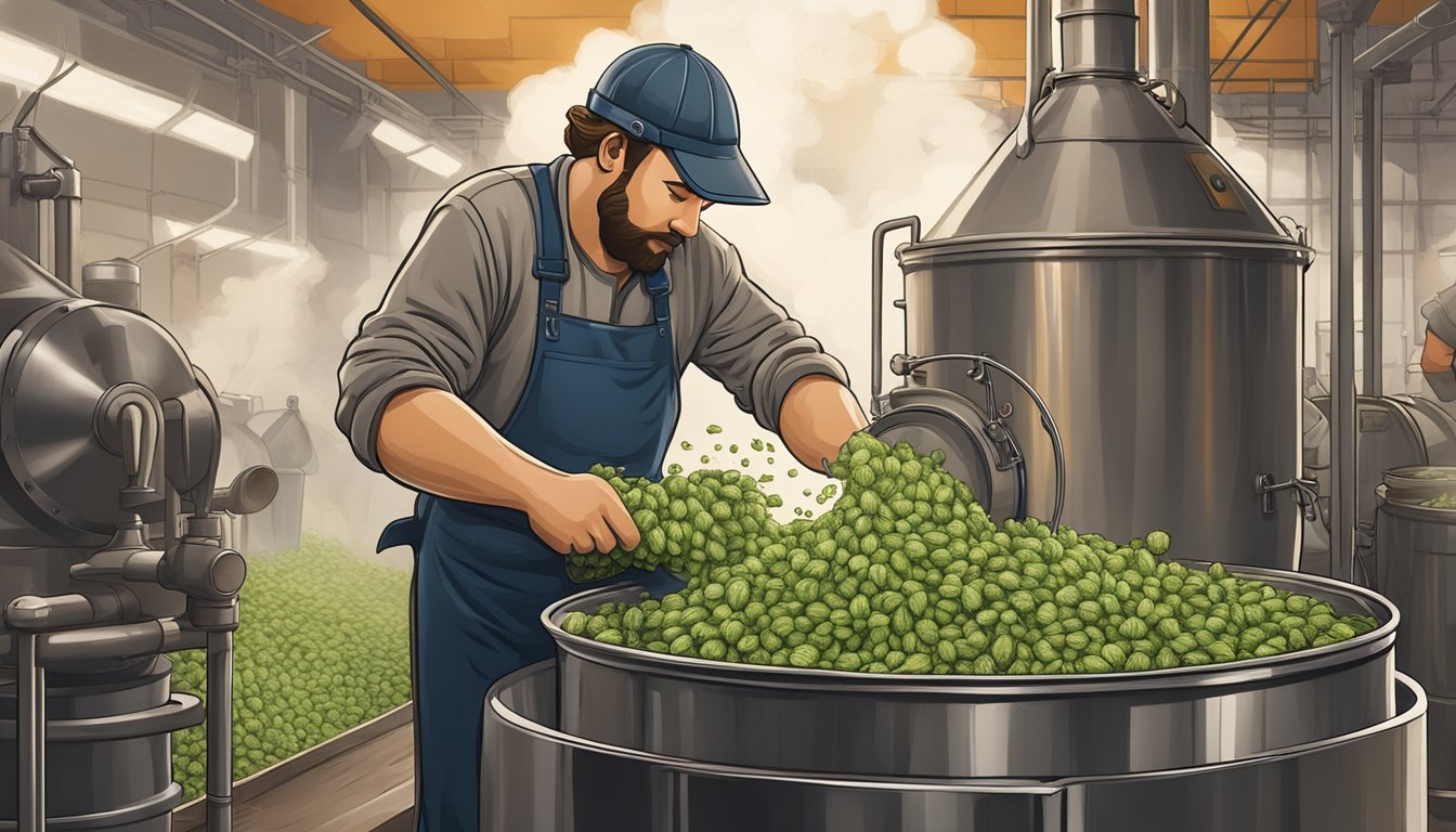 A brewery worker carefully pours hops into a large steel kettle as steam rises and a rich aroma fills the air