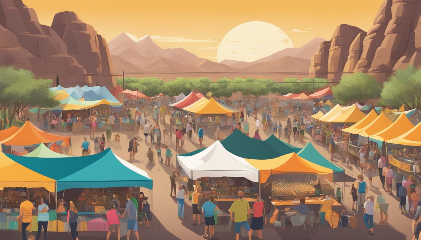 A bustling craft beer festival in Tempe, AZ with colorful tents, beer tastings, and live music, surrounded by desert mountains