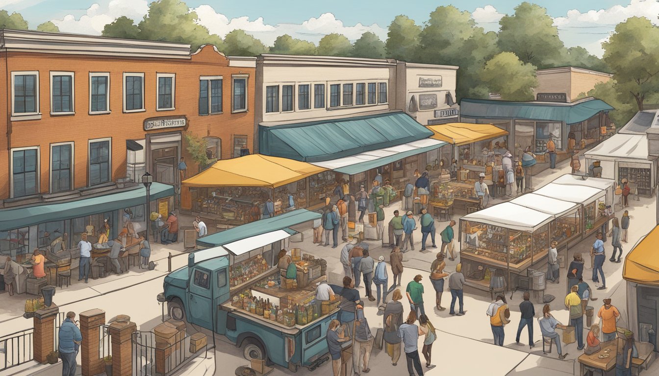 A bustling brewery scene with patrons enjoying craft beer, live music, and local food trucks in Montgomery, AL