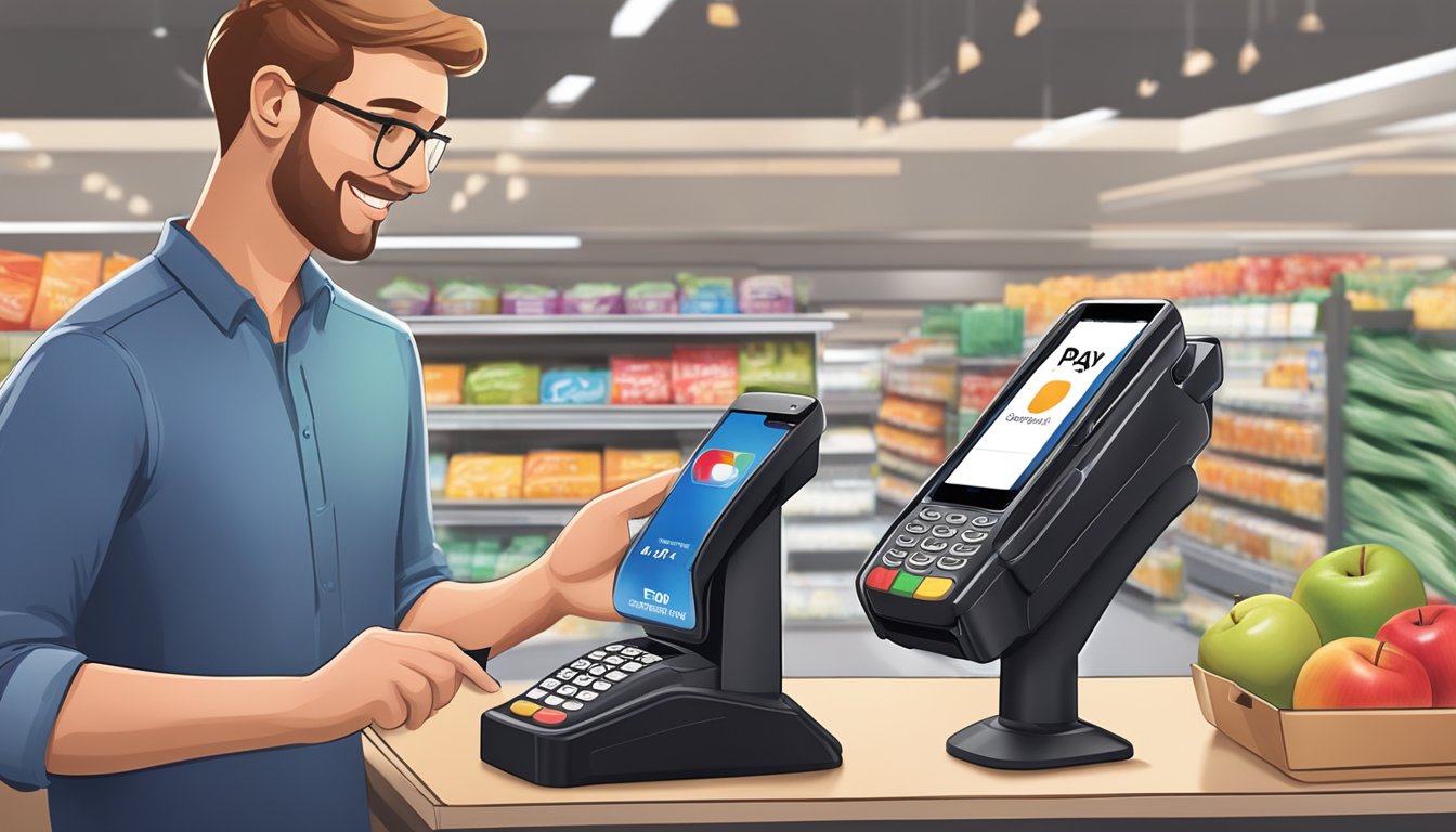 A customer using Apple Pay at a Safeway checkout, tapping their phone to the payment terminal