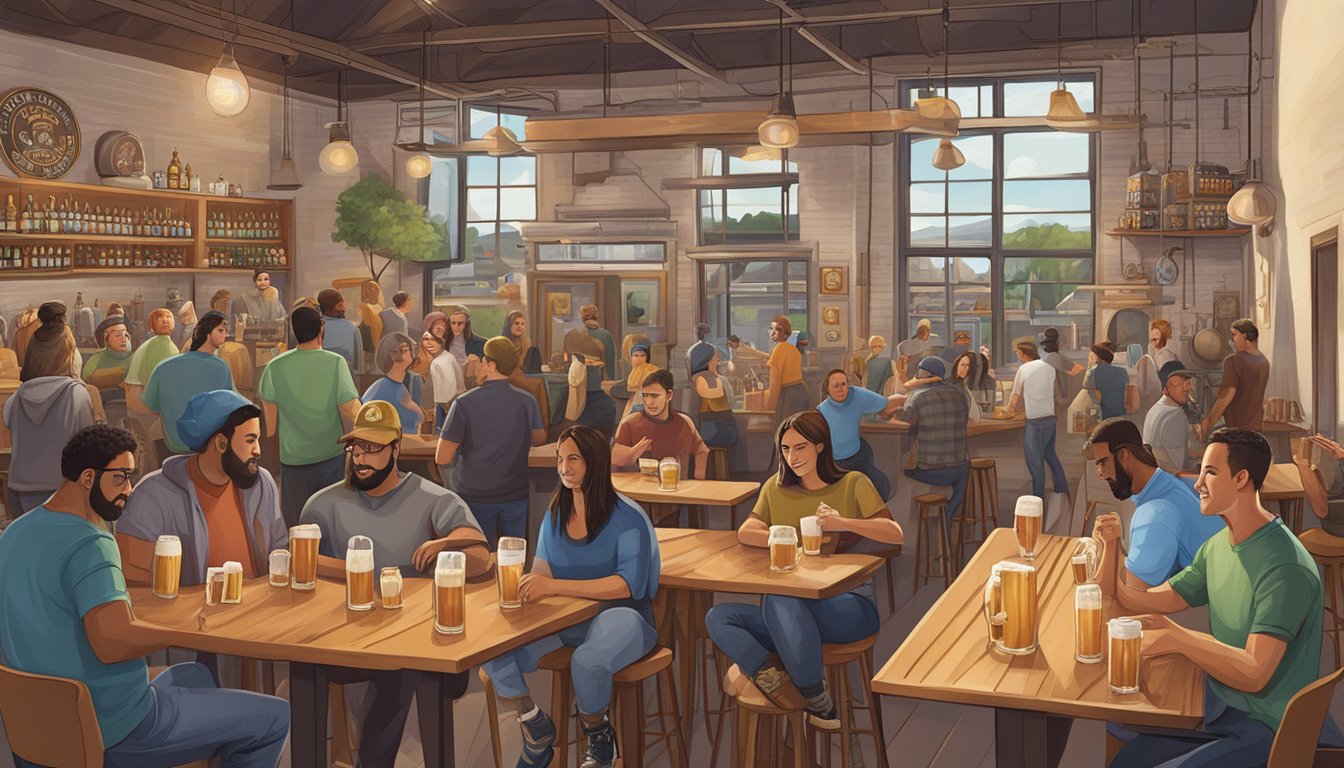 A bustling craft brewery scene in Antioch, CA, with diverse beer styles and flavors, lively taprooms, and local patrons enjoying the rise of craft beer