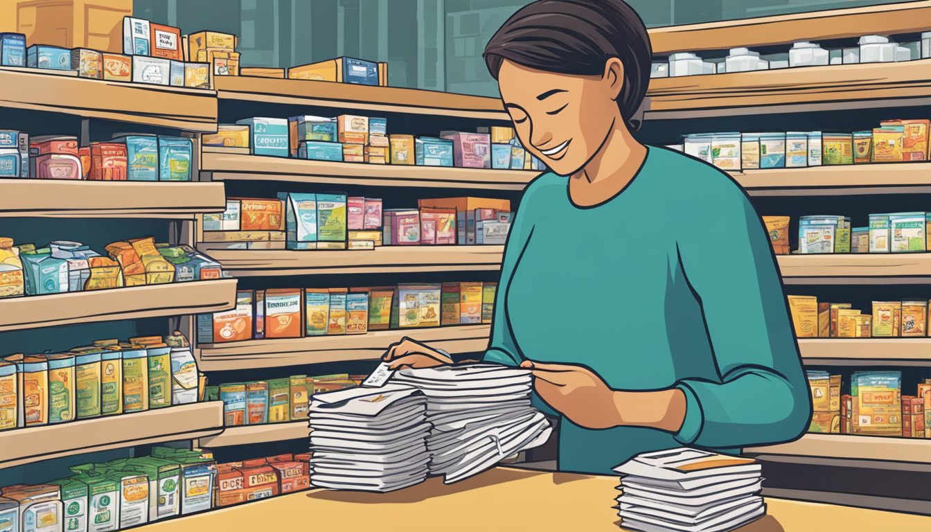 A shopper at Safeway carefully organizes a stack of coupons, checking the fine print for any limits. They calculate their savings to maximize their cashback