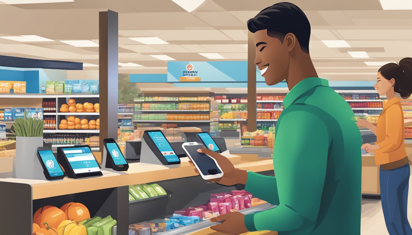 A customer holding an iPhone approaches the checkout counter at Safeway, while other retailers' logos are displayed in the background