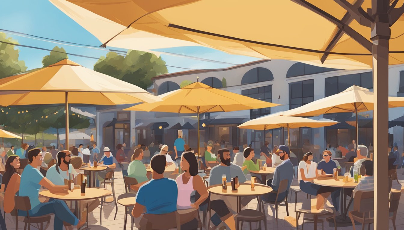 A sunny outdoor patio with colorful umbrellas, filled with people enjoying craft beer flights and chatting at a local brewery in Antioch, CA