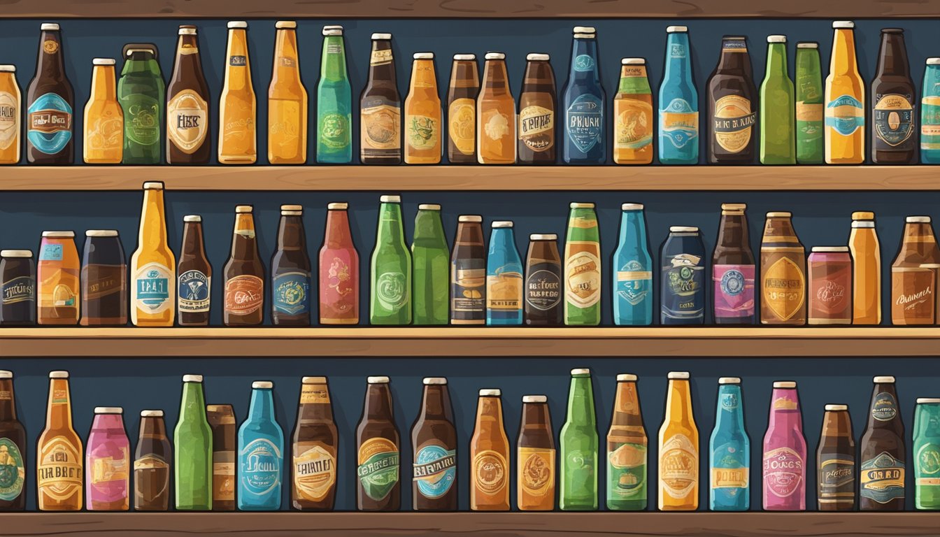 A row of colorful craft beer bottles and cans displayed on a wooden shelf in a local Little Rock, AR brewery