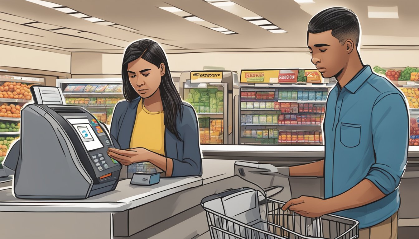 A customer at Safeway attempts to use Apple Pay at the checkout but encounters issues. The cashier and customer both look puzzled as they try to troubleshoot the problem