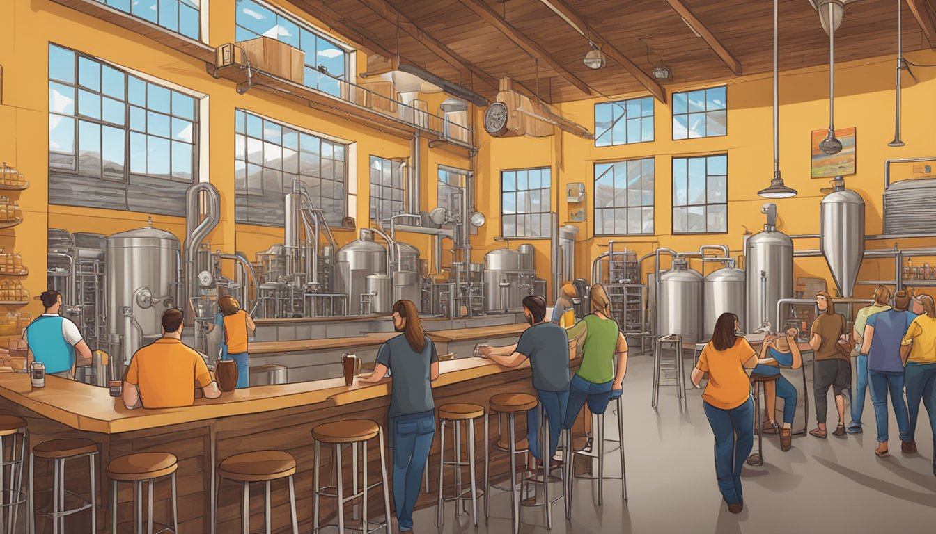 A bustling craft brewery scene in Buckeye, AZ, with diverse beer styles and local ingredients showcased in a vibrant taproom