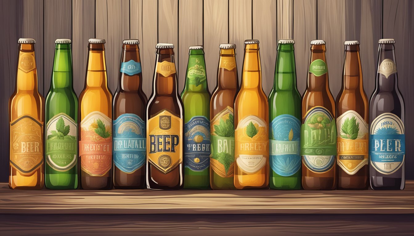 A row of colorful craft beer bottles with unique labels arranged on a wooden table, surrounded by hops and barley