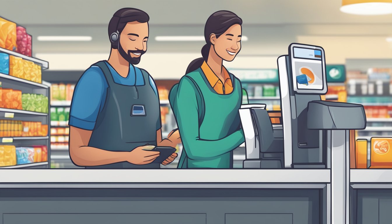 A customer holds a smartphone near a payment terminal at a Safeway checkout counter